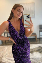Purple Sequins Prom Dresses