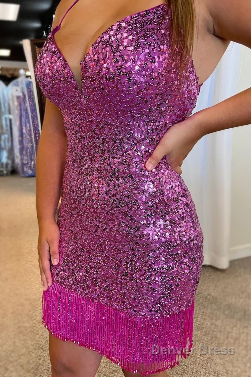 Purple Sequins Tight Homecoming Dresses with Fringes