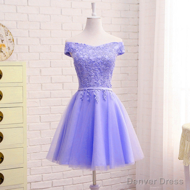 Purple Short Sleeves Lace Off Shoulder Party Dress, Cute Purple Homecoming Dress Main image