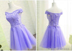 Purple Short Sleeves Lace Off Shoulder Prom Dress, Cute Purple Homecoming Dresses