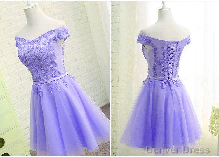 Purple Short Sleeves Lace Off Shoulder Prom Dress, Cute Purple Homecoming Dresses