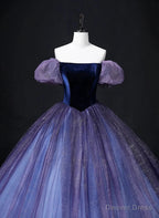 Purple Short Sleeves Tulle and Velvet Prom Dress, Purple Tulle Prom Dresses