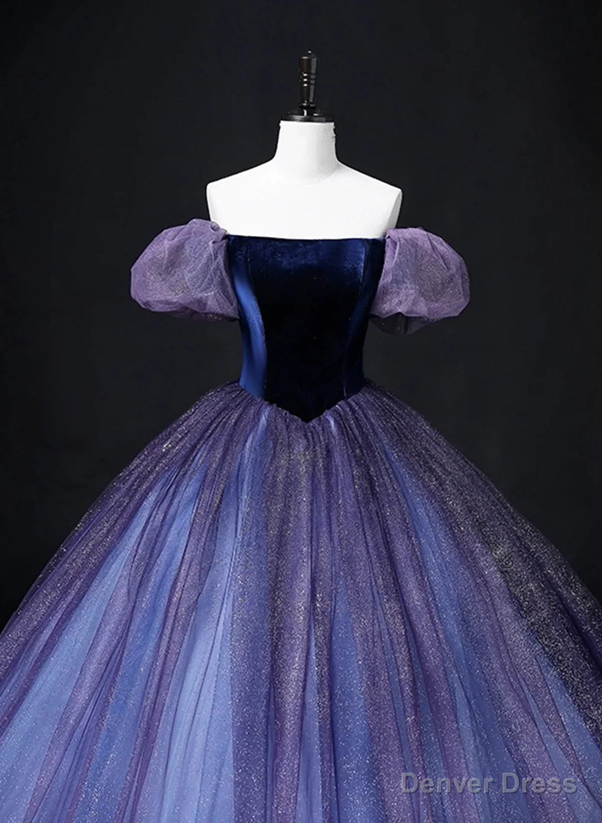 Purple Short Sleeves Tulle and Velvet Prom Dress, Purple Tulle Prom Dresses