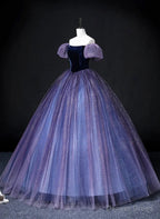 Purple Short Sleeves Tulle and Velvet Prom Dress, Purple Tulle Prom Dresses