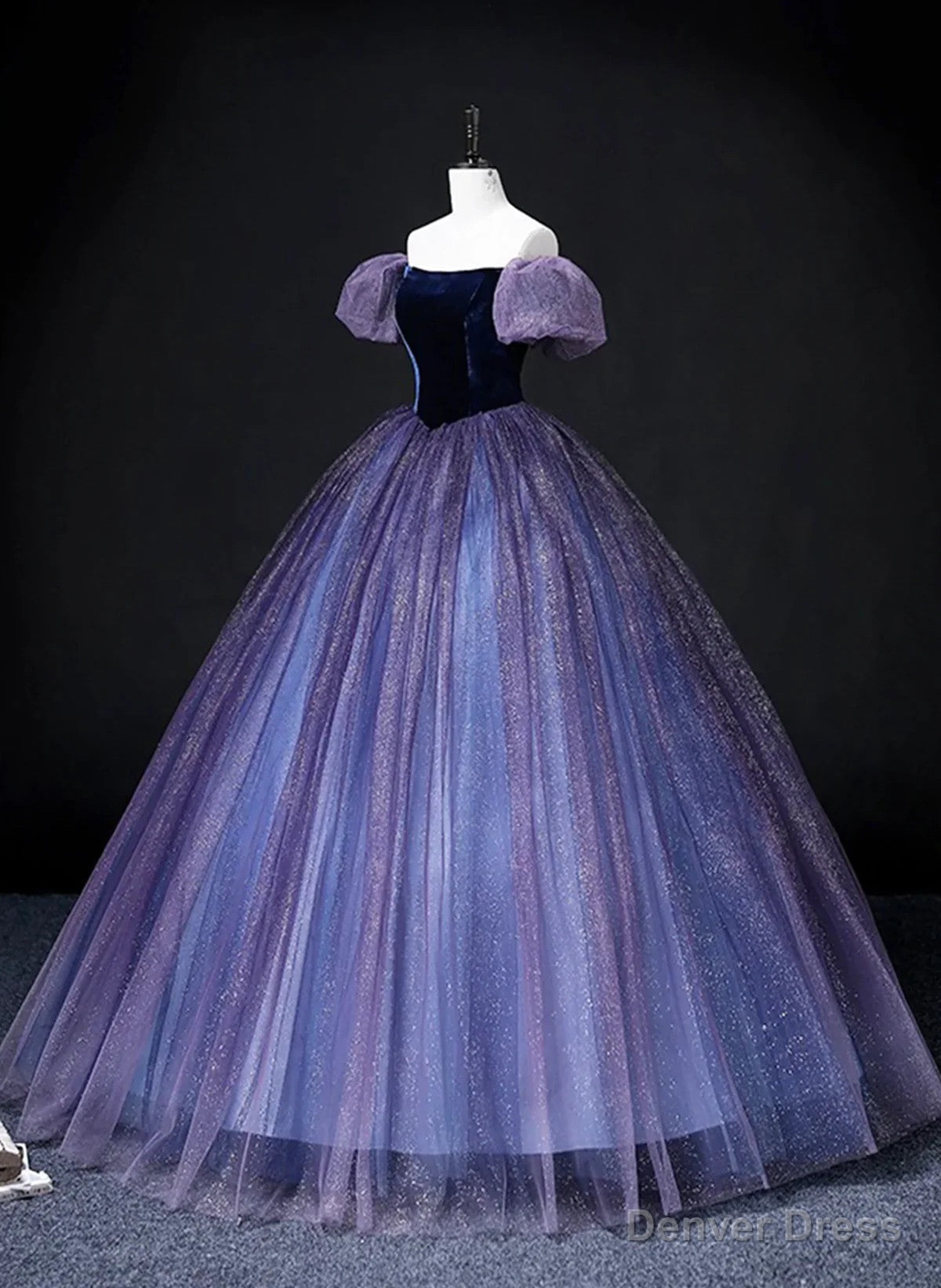 Purple Short Sleeves Tulle and Velvet Prom Dress, Purple Tulle Prom Dresses