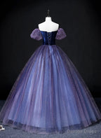 Purple Short Sleeves Tulle and Velvet Prom Dress, Purple Tulle Prom Dresses