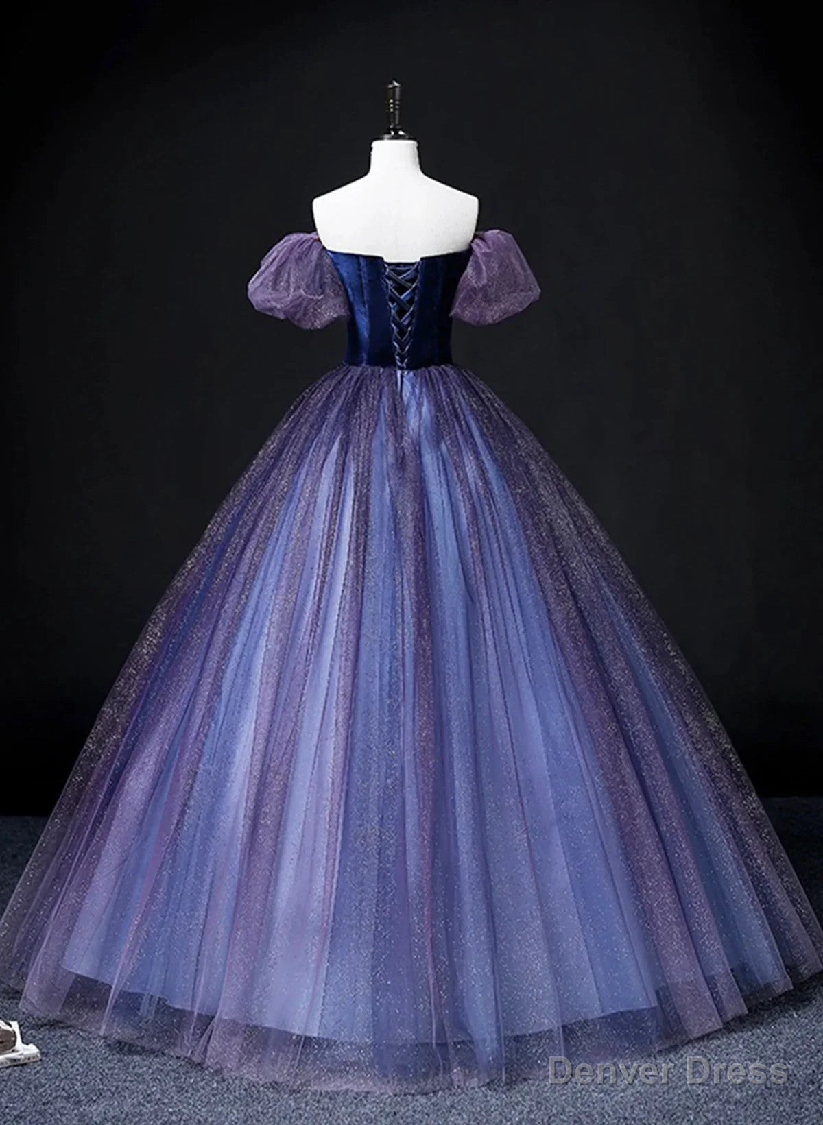 Purple Short Sleeves Tulle and Velvet Prom Dress, Purple Tulle Prom Dresses