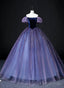 Purple Short Sleeves Tulle and Velvet Prom Dress, Purple Tulle Prom Dresses