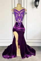 Purple Sleeveless Mermaid Prom Dress With Split Appliques
