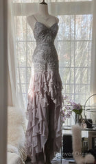 Purple Spaghetti Strap Bodycon Open Back Chiffon Sequin Long Prom Dress Adult Ceremony Dress With Appliques