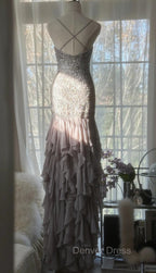 Purple Spaghetti Strap Bodycon Open Back Chiffon Sequin Long Prom Dresses Adult Ceremony Dresses With Appliques