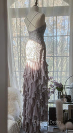 Purple Spaghetti Strap Bodycon Open Back Chiffon Sequin Long Prom Dresses Adult Ceremony Dresses With Appliques