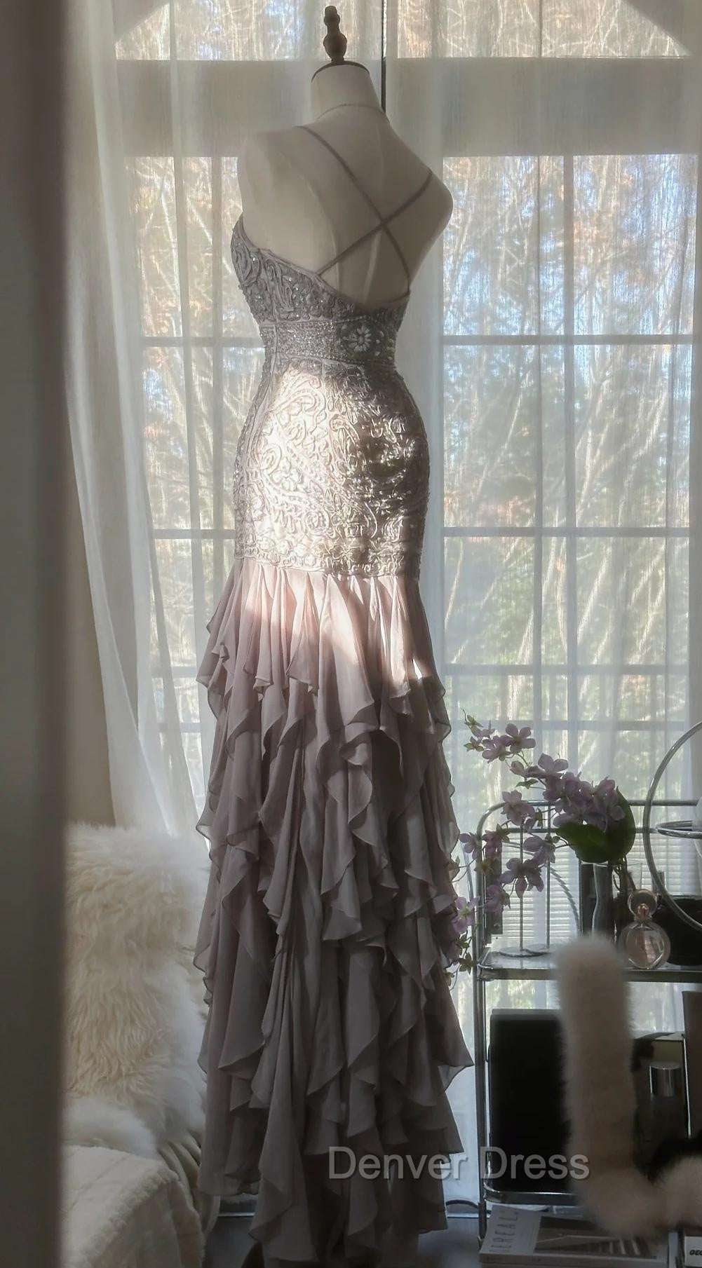 Purple Spaghetti Strap Bodycon Open Back Chiffon Sequin Long Prom Dresses Adult Ceremony Dresses With Appliques