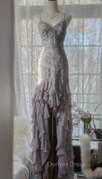 Purple Spaghetti Strap Bodycon Open Back Chiffon Sequin Long Prom Dresses Adult Ceremony Dresses With Appliques