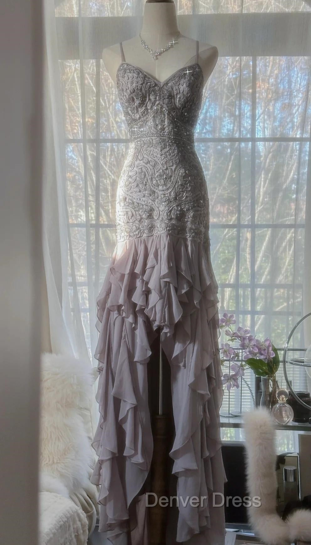 Purple Spaghetti Strap Bodycon Open Back Chiffon Sequin Long Prom Dresses Adult Ceremony Dresses With Appliques