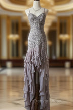 Purple Spaghetti Strap Bodycon Open Back Chiffon Sequin Long Prom Dresses Adult Ceremony Dresses With Appliques