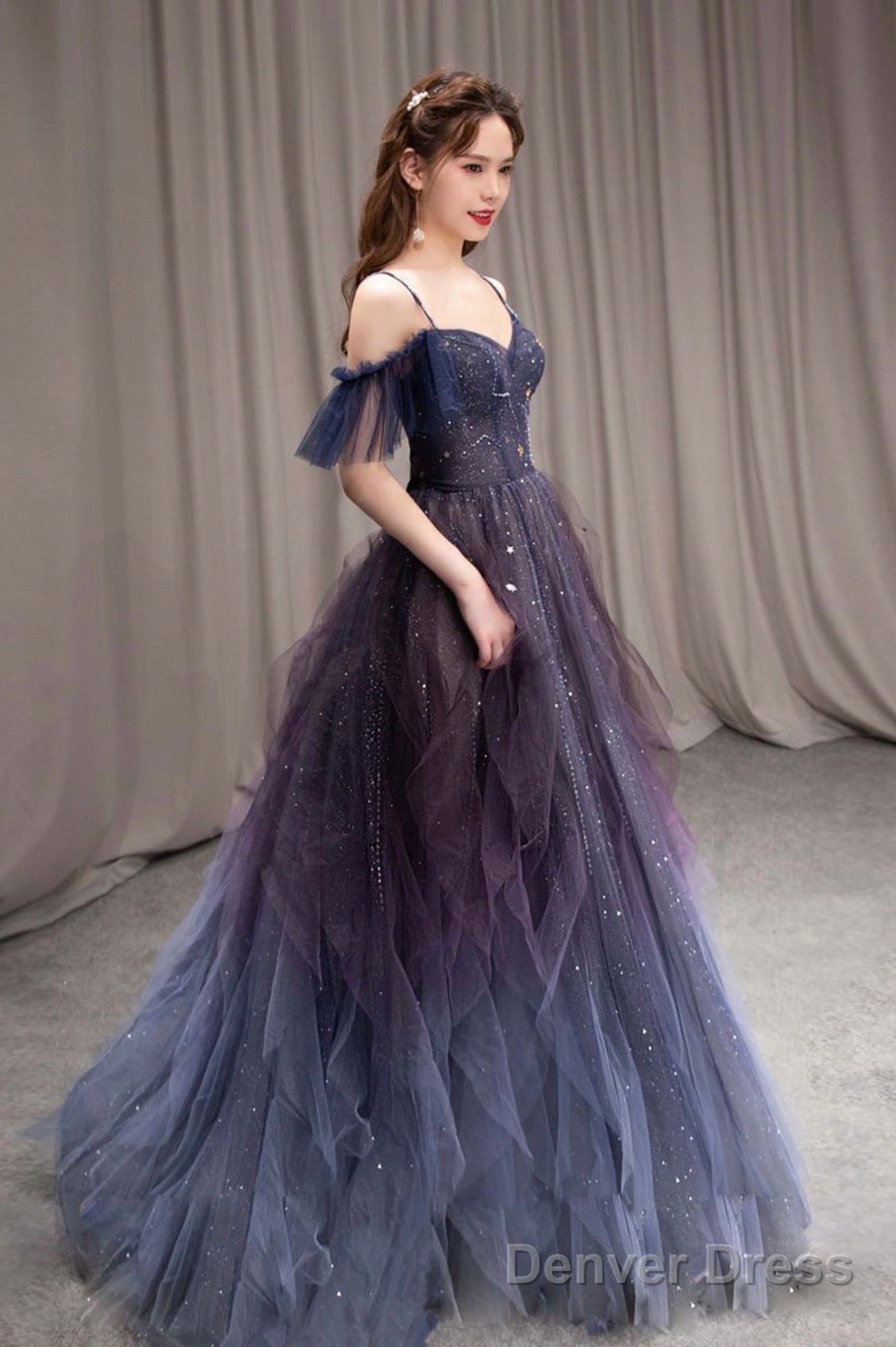 Purple Spaghetti Strap Gradient Tulle Long Prom Dress, A-Line Evening Party Dress