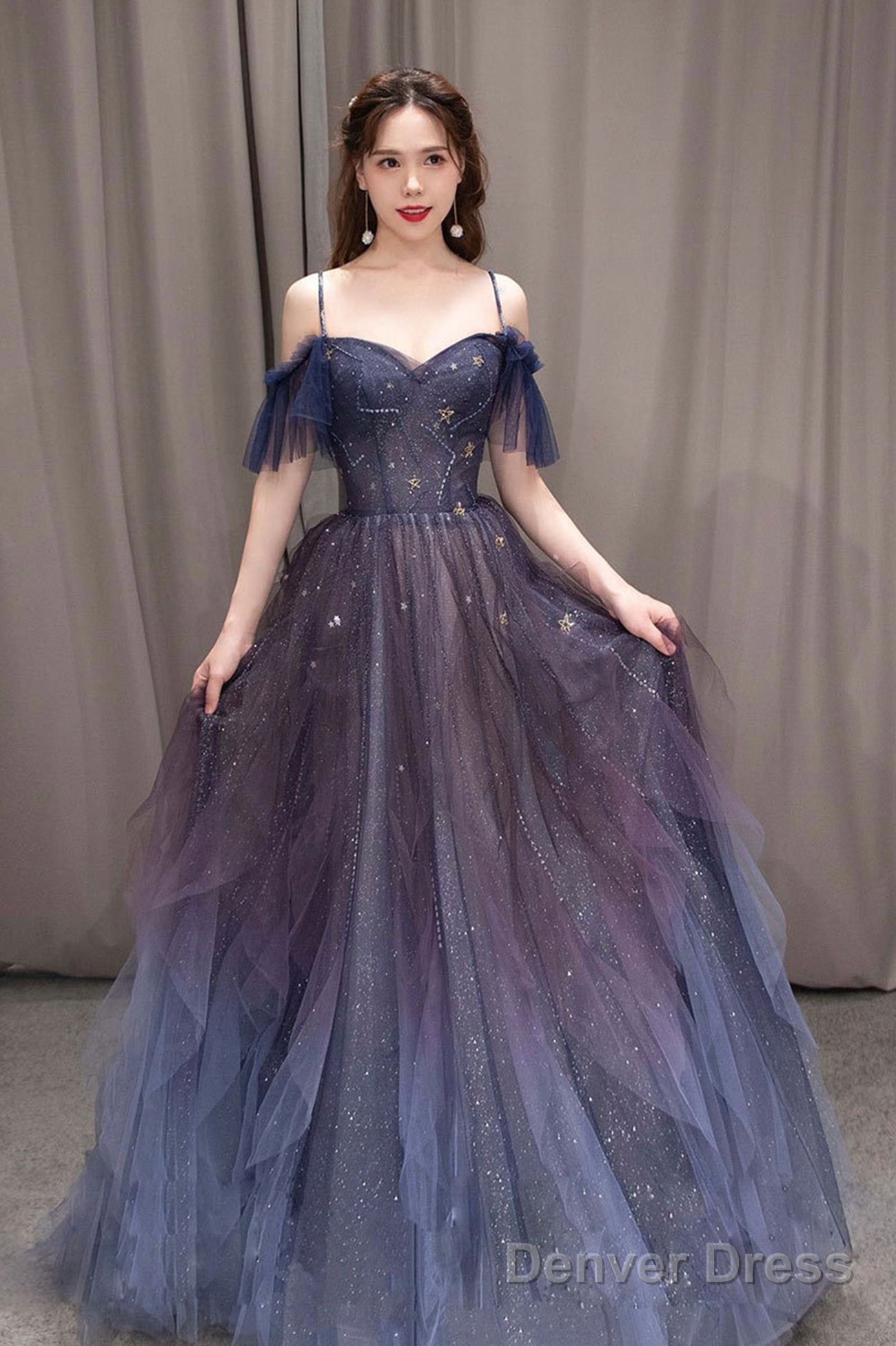 Purple Spaghetti Strap Gradient Tulle Long Prom Dress, A-Line Evening Party Dress