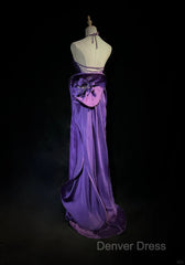 Purple Spaghetti Strap Satin Prom Dresses Backless Evening Gown