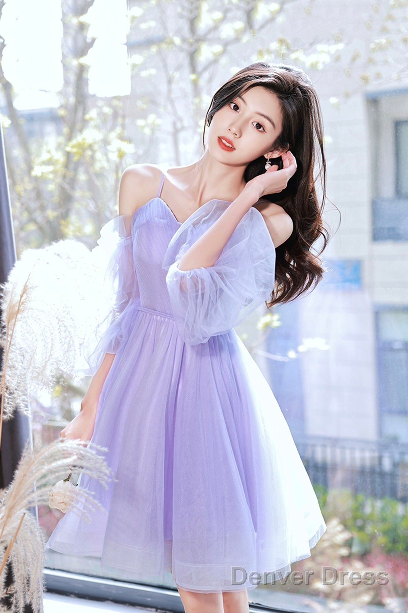 Purple Spaghetti Strap Tulle Short Prom Dress, Cute Homecoming Prom Dresses