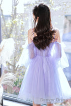 Purple Spaghetti Strap Tulle Short Prom Dress, Cute Homecoming Prom Dresses