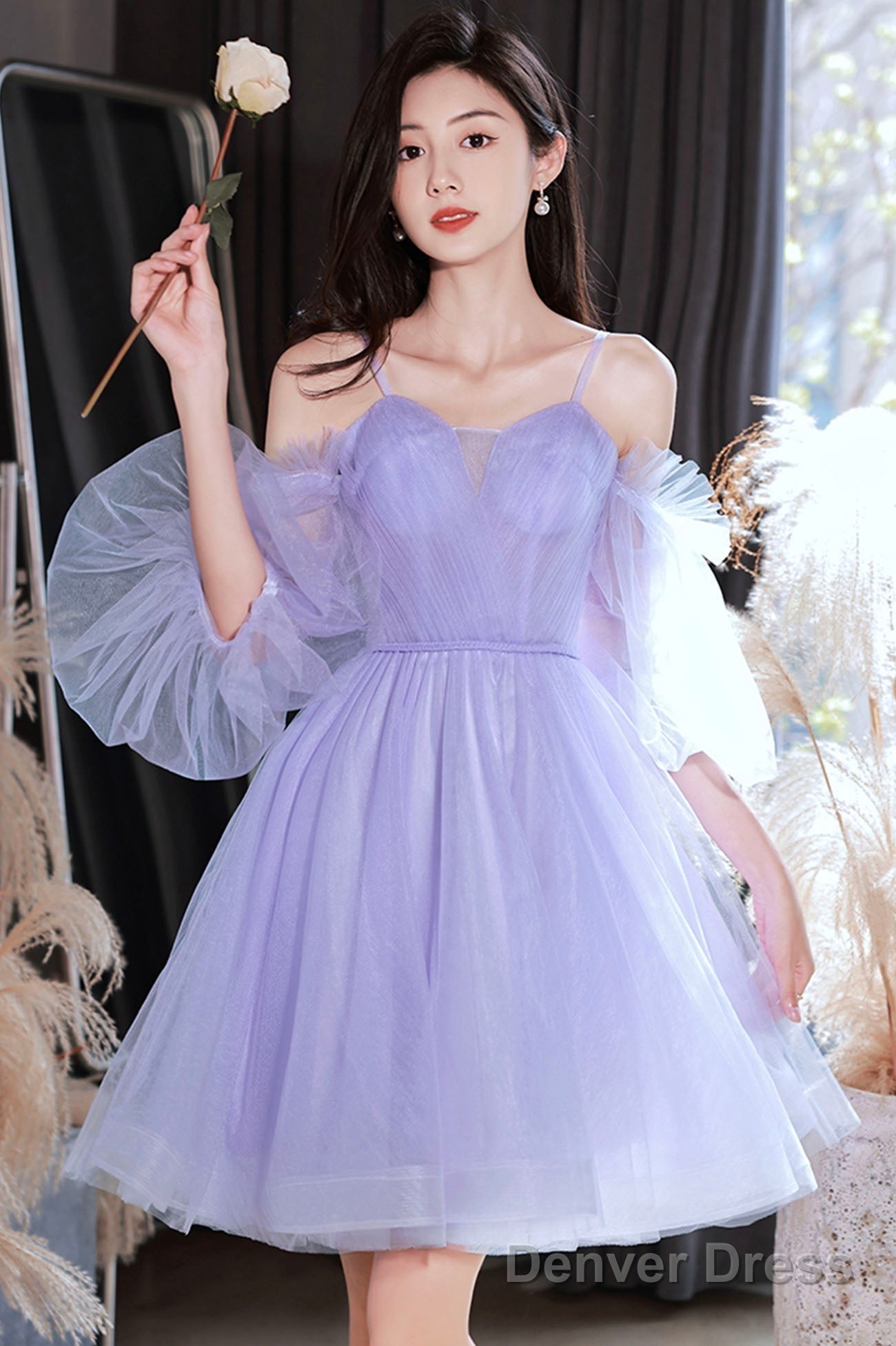 Purple Spaghetti Strap Tulle Short Prom Dress, Cute Homecoming Prom Dresses
