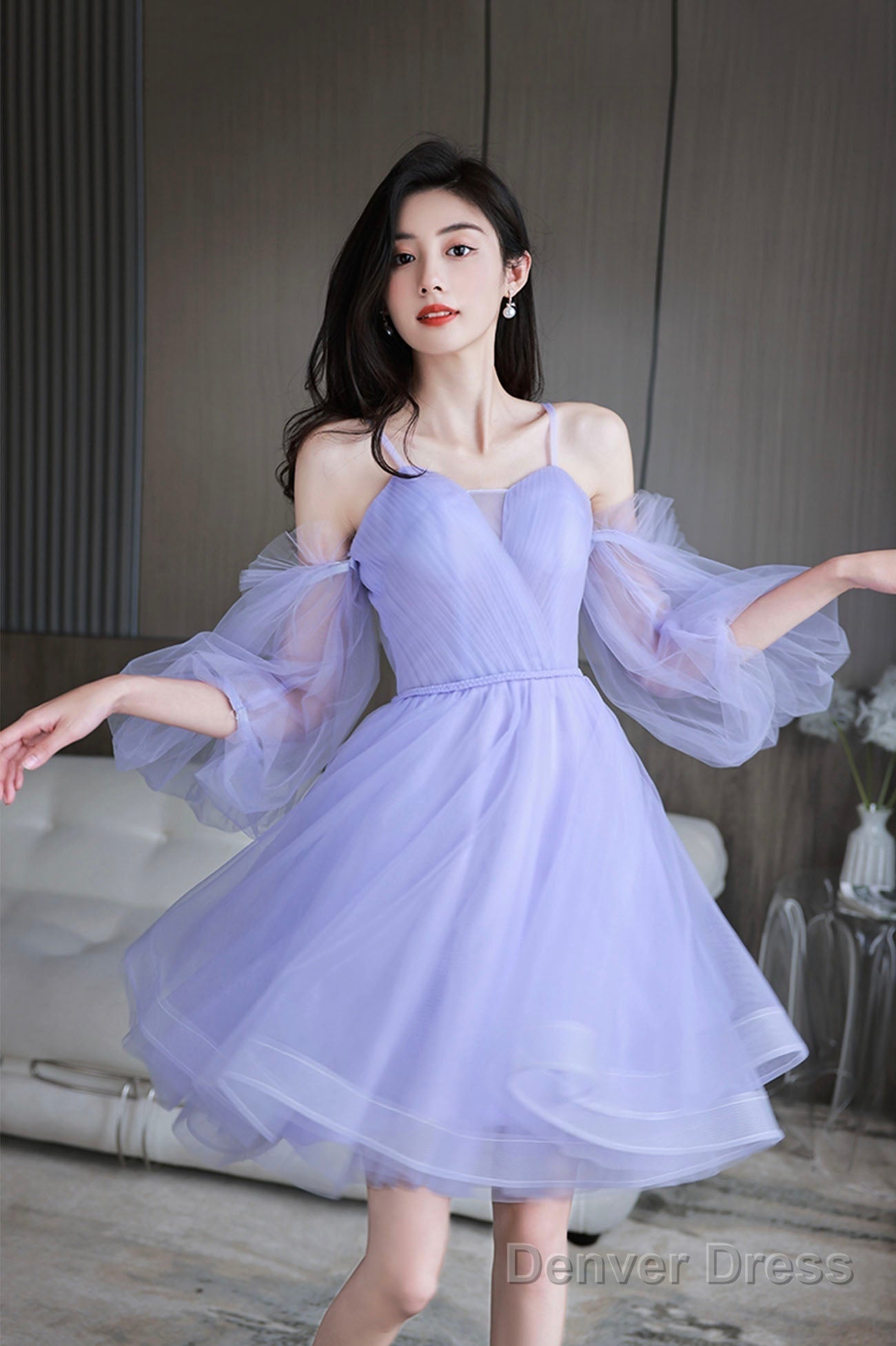 Purple Spaghetti Strap Tulle Short Prom Dress, Cute Homecoming Prom Dresses Main image