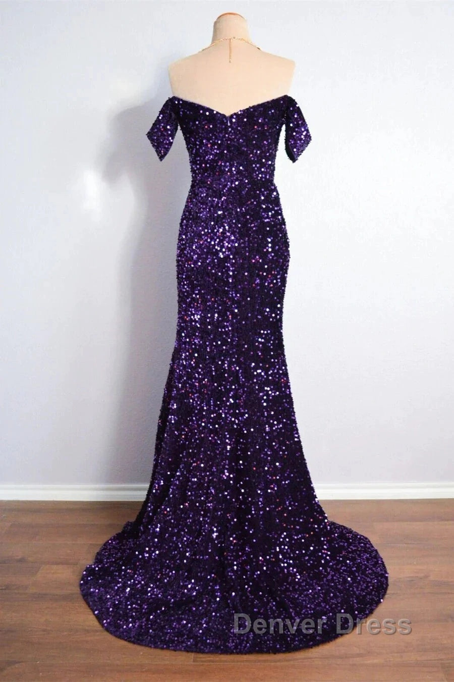 Purple Sparkly Long Formal Dresses Mermaid Off-Shoulder Slit
