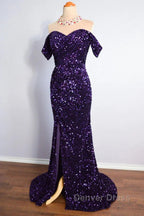 Purple Sparkly Long Prom Dresses Mermaid Off-Shoulder Slit