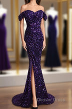 Purple Sparkly Long Prom Dresses Mermaid Off-Shoulder Slit
