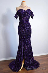 Purple Sparkly Long Formal Dress Mermaid Off-Shoulder Slit