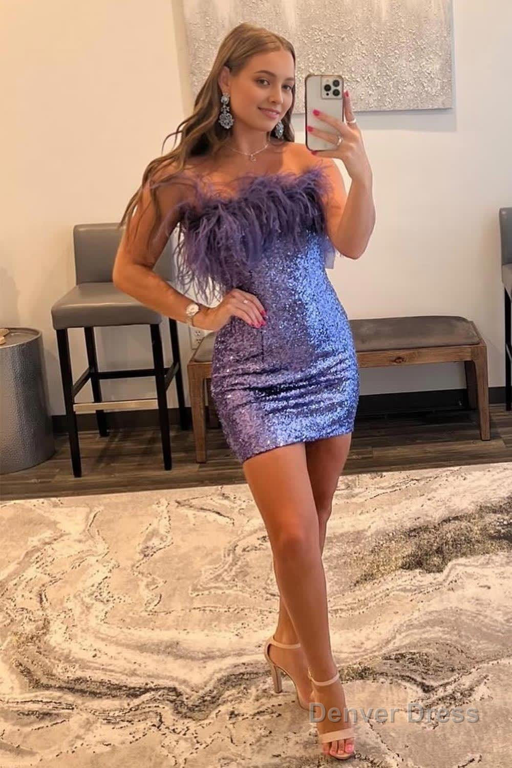Purple Sparkly Tight Sequins Homecoming Dresses with Feathers