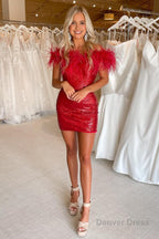 Purple Sparkly Tight Sequins Homecoming Dresses with Feathers
