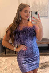 purple sparkly tight sequins homecoming dress with feathers