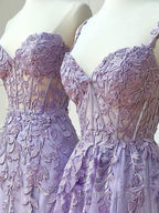 Purple sweetheart neck lace long prom Dress, lace Prom graduation Dresses
