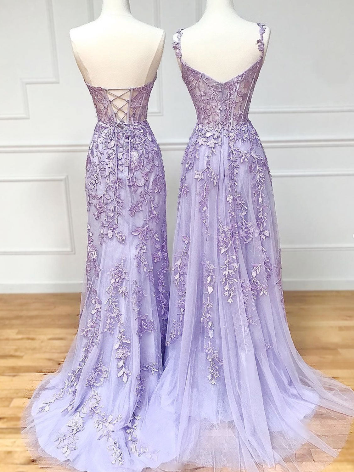 Purple Sweetheart Neck Lace Long Prom Dress, Purple Lace Graduation Dresses