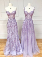 Purple Sweetheart Neck Lace Long Prom Dress, Purple Lace Graduation Dresses