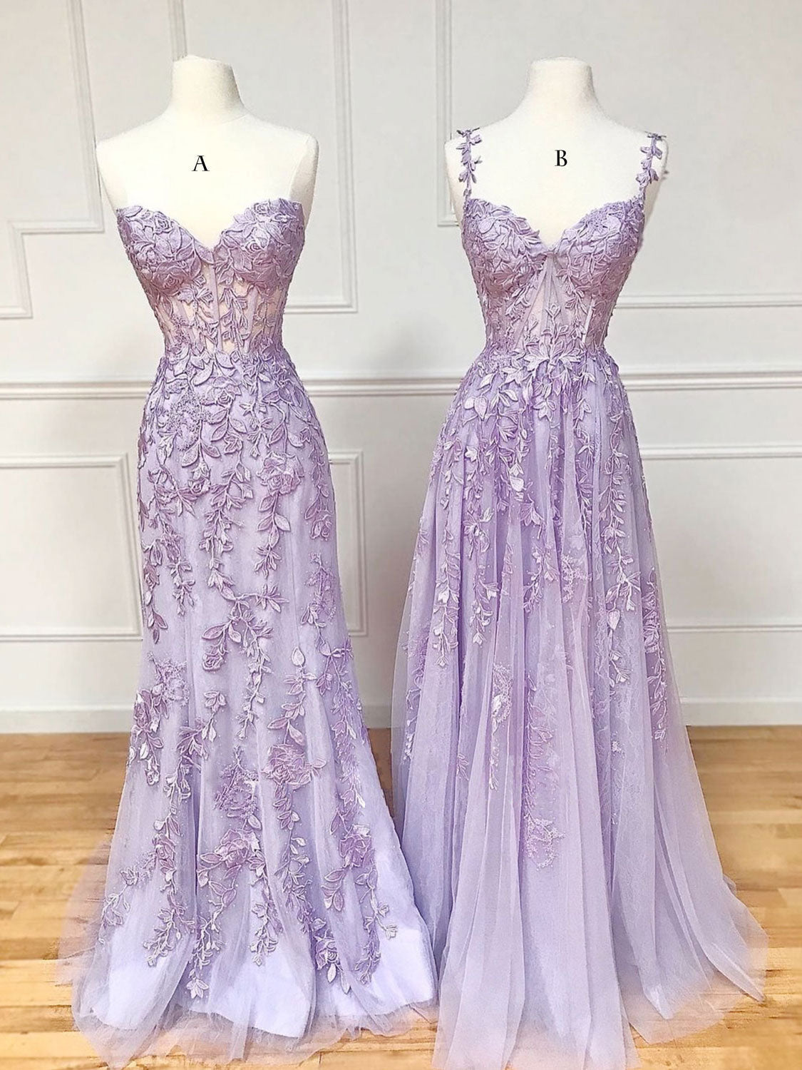 Purple Sweetheart Neck Lace Long Prom Dress, Purple Lace Graduation Dresses