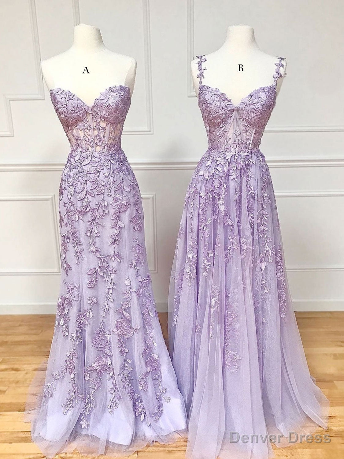 Purple Sweetheart Neck Lace Long Prom Dresses, Purple Lace Graduation Dress Main image