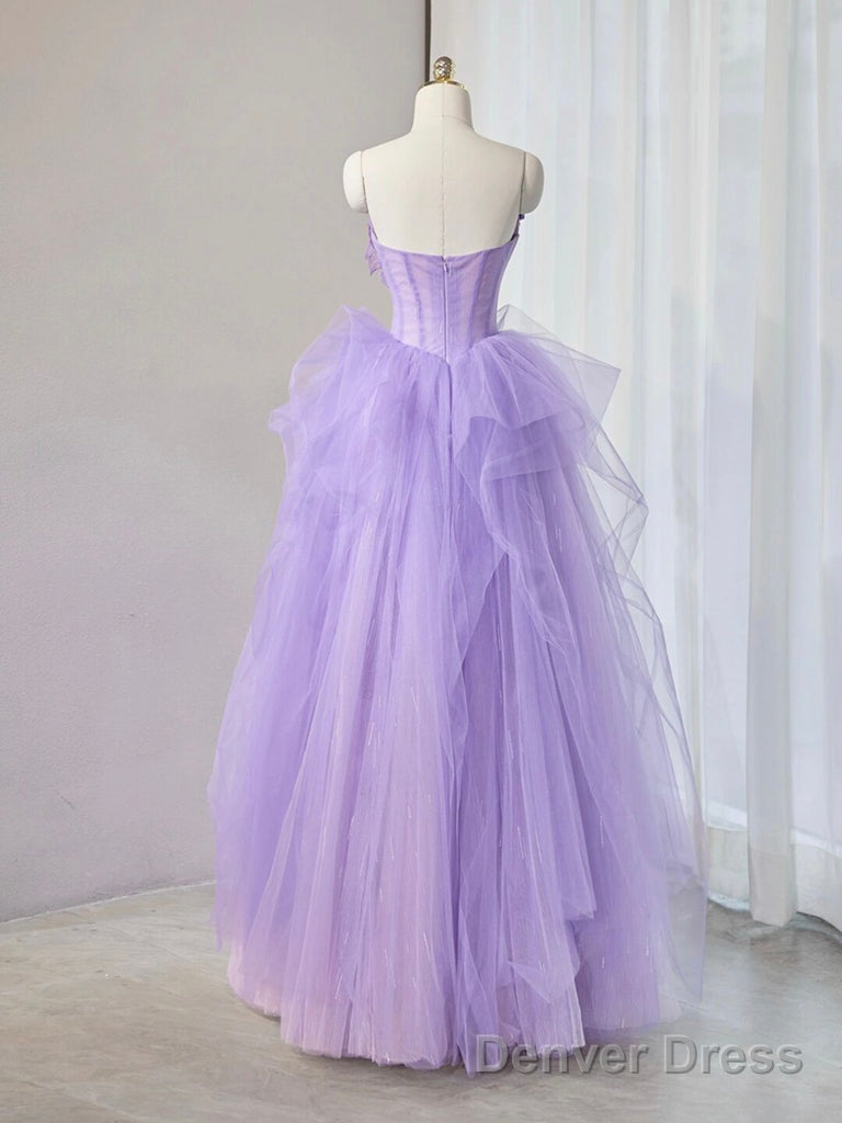 Purple Sweetheart Neck Tulle Applique Long Prom Dress, Purple Long Sweet 16 Dress