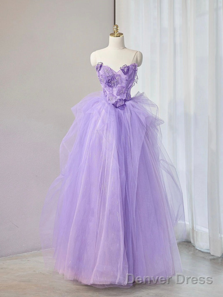 Purple Sweetheart Neck Tulle Applique Long Prom Dress, Purple Long Sweet 16 Dress Main image
