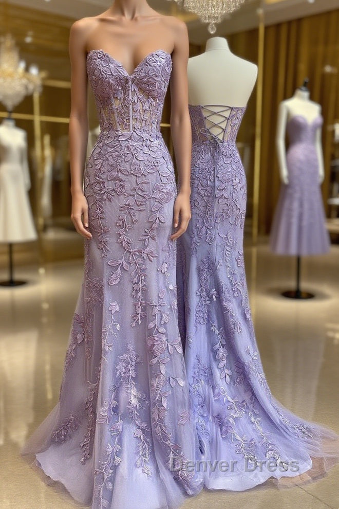 Purple sweetheart neck tulle lace mermaid long prom Dresses Main image