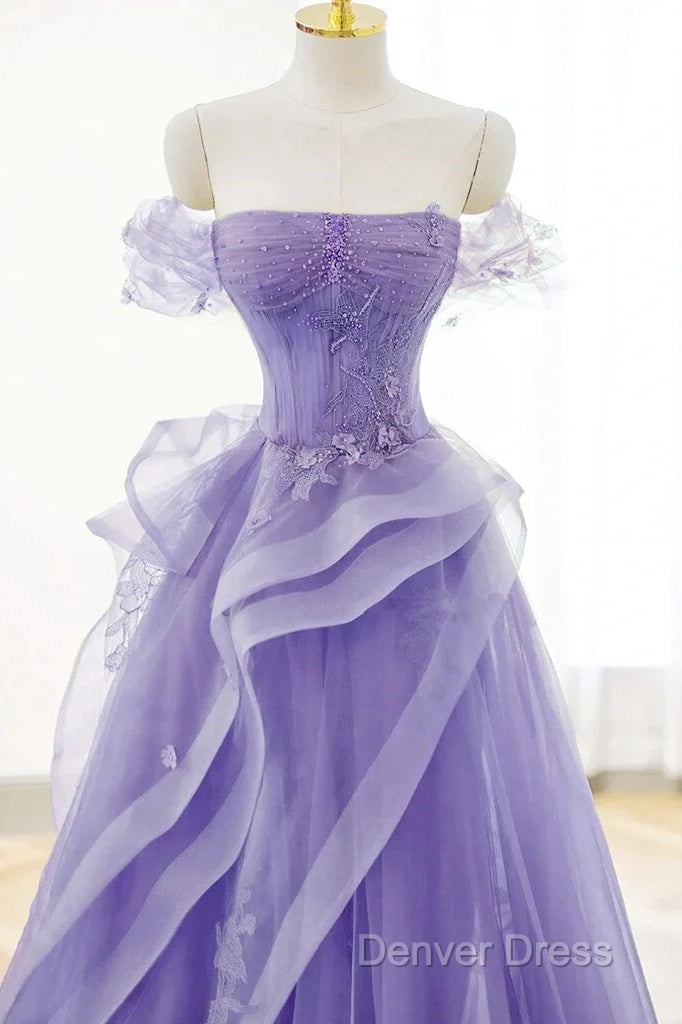 Purple Sweetheart Off Shoulder Tulle Long Party Dresses, Purple Tulle Prom Dresses