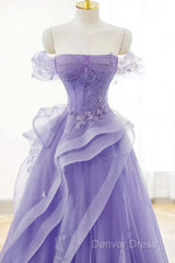 Purple Sweetheart Off Shoulder Tulle Long Party Dresses, Purple Tulle Prom Dresses