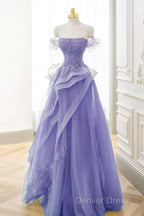Purple Sweetheart Off Shoulder Tulle Long Party Dresses, Purple Tulle Prom Dresses