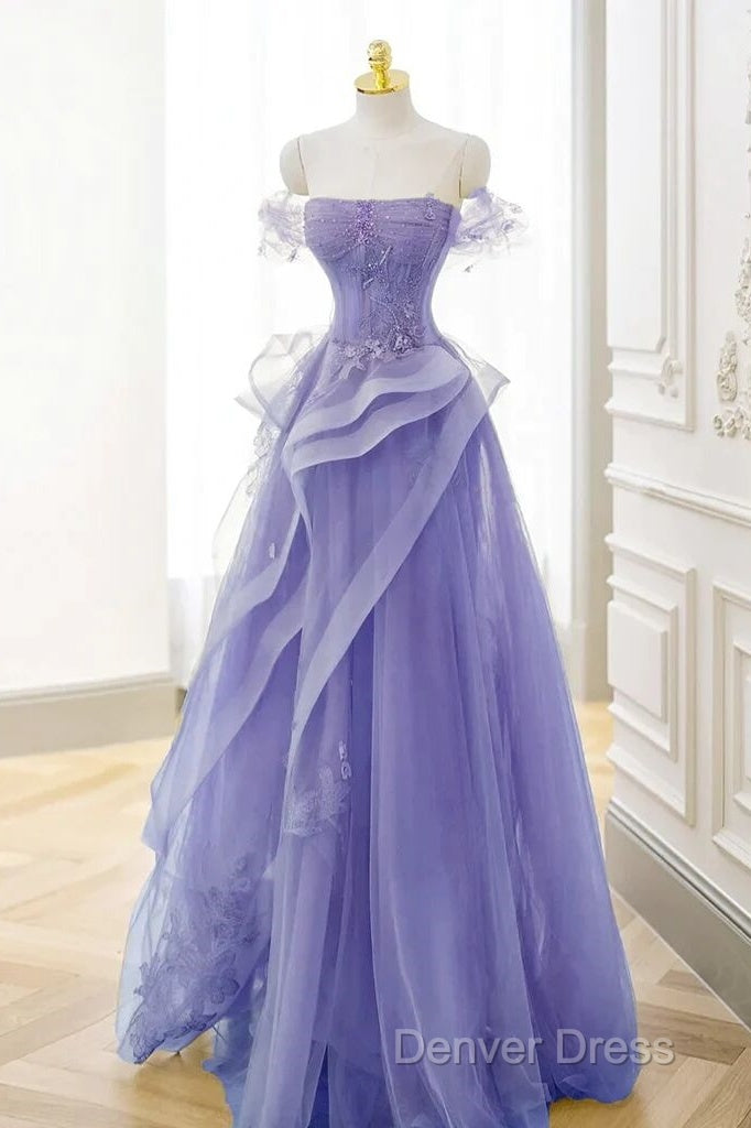 Purple Sweetheart Off Shoulder Tulle Long Party Dresses, Purple Tulle Prom Dresses