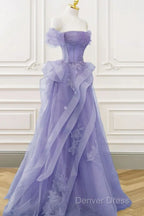 Purple Sweetheart Off Shoulder Tulle Long Party Dresses, Purple Tulle Prom Dresses