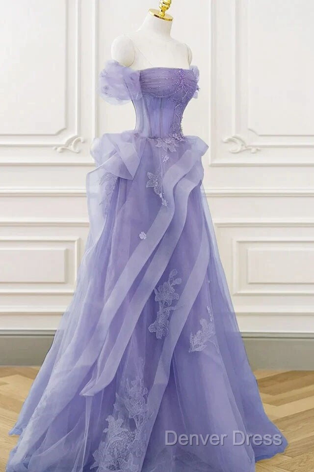 Purple Sweetheart Off Shoulder Tulle Long Party Dresses, Purple Tulle Prom Dresses