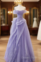 Purple Sweetheart Off Shoulder Tulle Long Party Dresses, Purple Tulle Prom Dresses