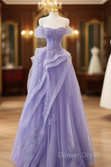 Purple Sweetheart Off Shoulder Tulle Long Party Dresses, Purple Tulle Prom Dresses